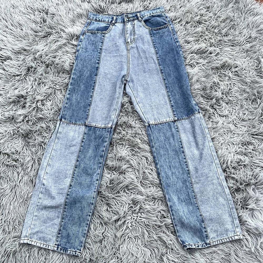 Color Block Straight Leg Denim Jeans Super High Waist Short Cropped Juniors